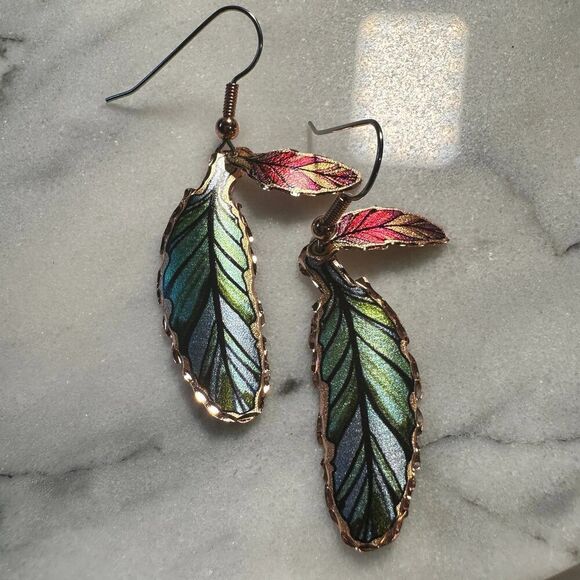 Handcrafted Boho Earrings, Copper Colorful Feather‎ Native American Wire Drop Ea - Picture 3 of 5